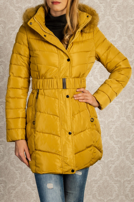 Long quilted jacket with detachable hood with faux fur Sartene, yellow
