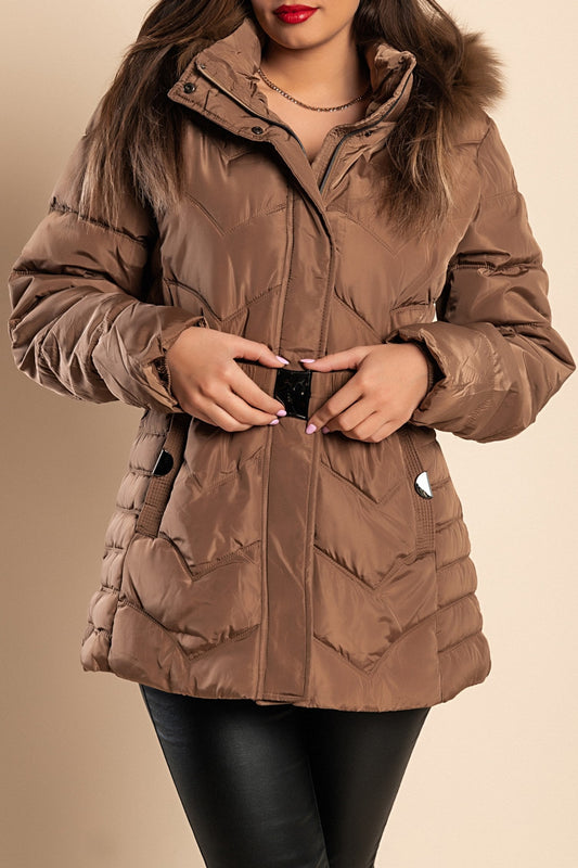 Short padded winter jacket with hood plus size, camel
