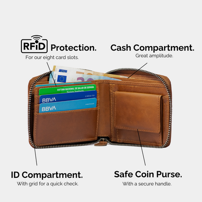 Cartera Zipper de Cuero Camel – Estilo Clásico –