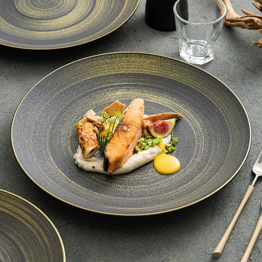 Luxury Black & Gold Ceramic Dinner Plate – Wujin Sand Textured Matte