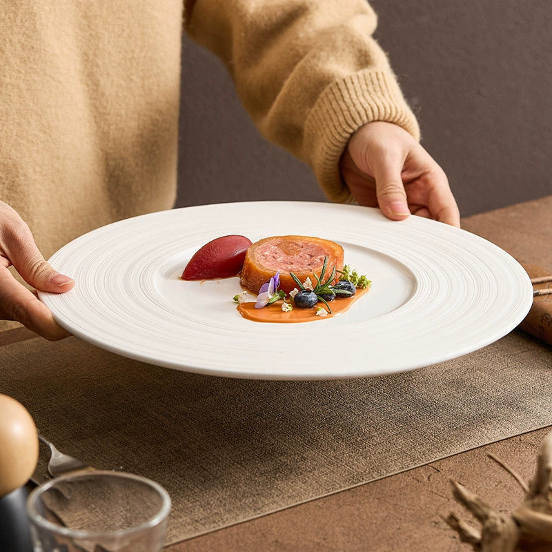 Wide-Rim Brushed Ceramic Plate – Elegant Flat Dish for Fine Dining