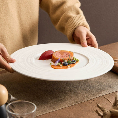 Wide-Rim Brushed Ceramic Plate – Elegant Flat Dish for Fine Dining
