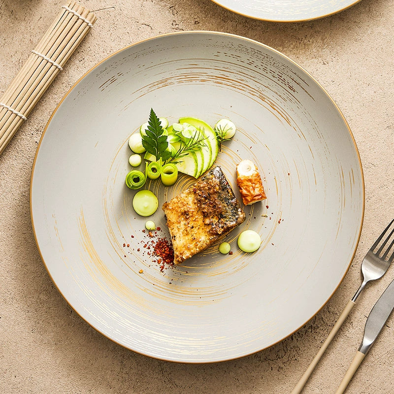 Matte Glazed Ceramic Dinner Plate with Gold Detailing – Available in T