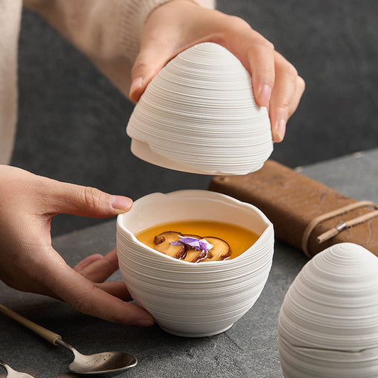 Elegant Egg-Shaped Ceramic Stew Bowl – Line Pattern Design for Steamed