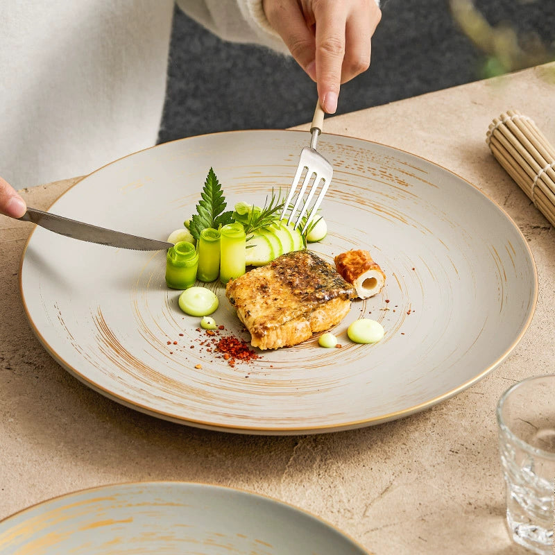 Matte Glazed Ceramic Dinner Plate with Gold Detailing – Available in T