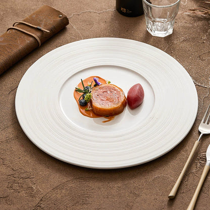 Wide-Rim Brushed Ceramic Plate – Elegant Flat Dish for Fine Dining