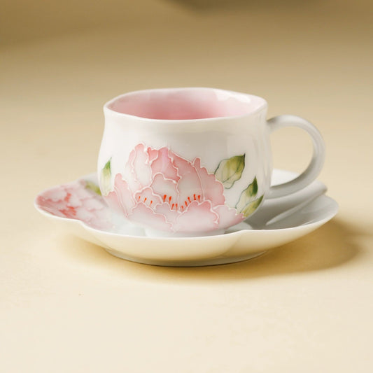 Hand-Painted Peony Porcelain Teacup & Saucer Set – Elegant Floral
