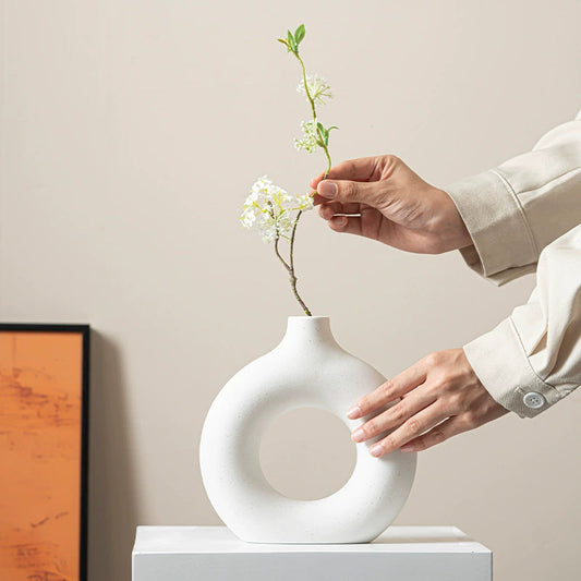 Modern Nordic Circle Ceramic Vase – Minimalist Hollow Sculpture Vessel