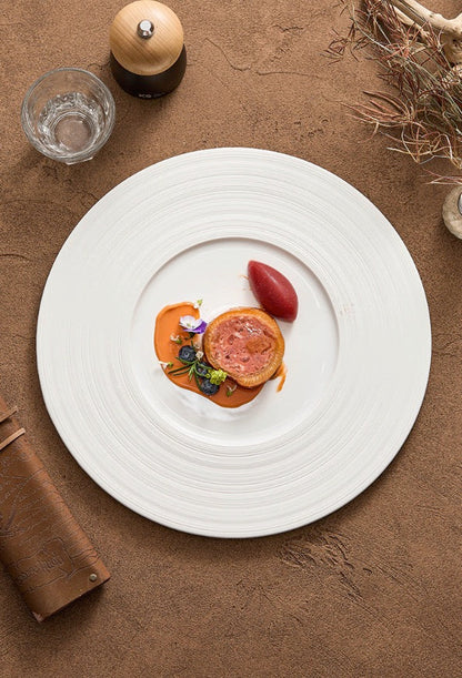 Wide-Rim Brushed Ceramic Plate – Elegant Flat Dish for Fine Dining