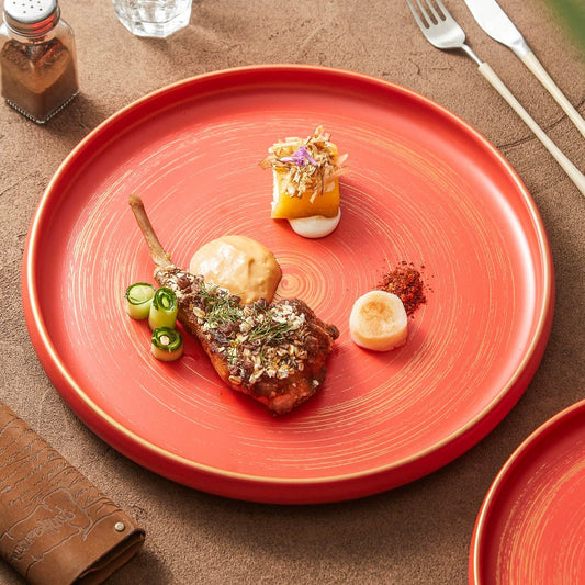 Handcrafted Matte Ceramic Plate with Raised Rim – Gold-Brushed Finish