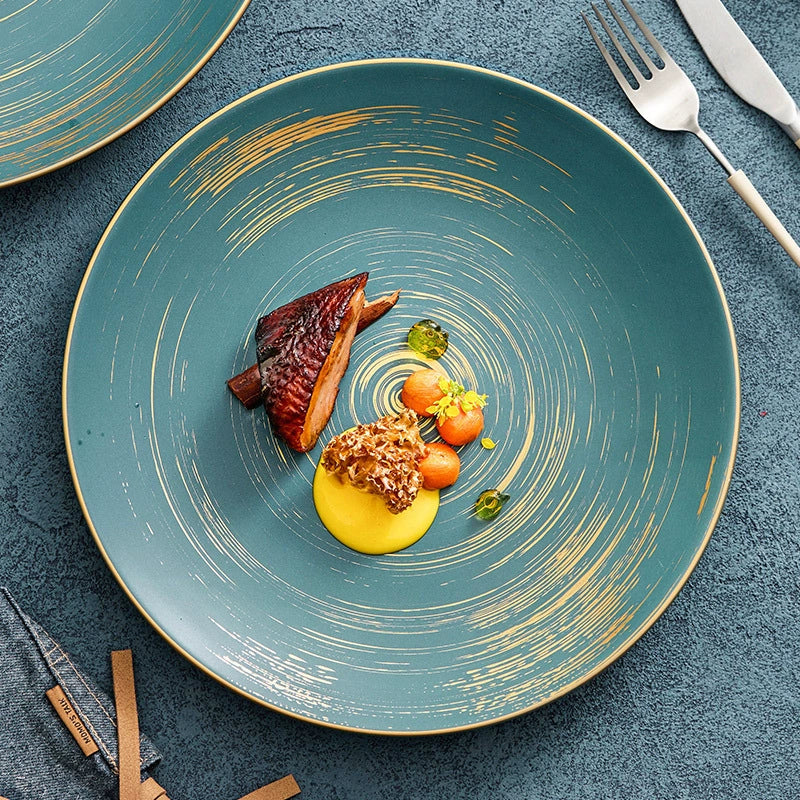 Matte Glazed Ceramic Dinner Plate with Gold Detailing – Available in T