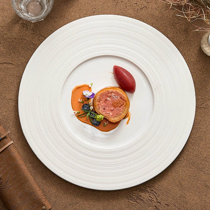 Wide-Rim Brushed Ceramic Plate – Elegant Flat Dish for Fine Dining
