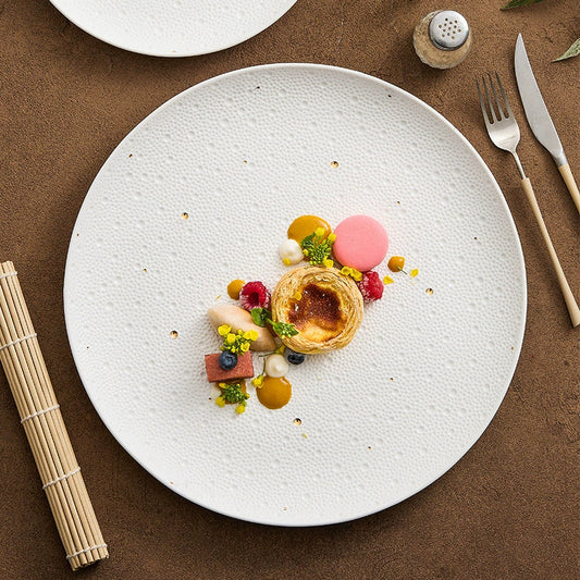 Textured White Porcelain Dinner Plate with Gold Dots – Modern Fine