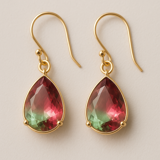 Elegant Drop-Shaped Earrings, Green-Pink Glass, 18K Gold Hooks