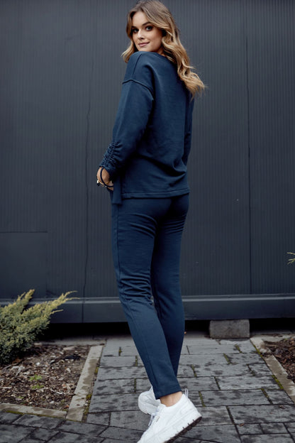 Smooth women's tracksuit with an asymmetric sweatshirt, navy blue