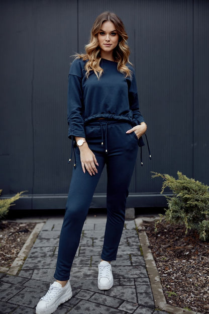 Smooth women's tracksuit with an asymmetric sweatshirt, navy blue