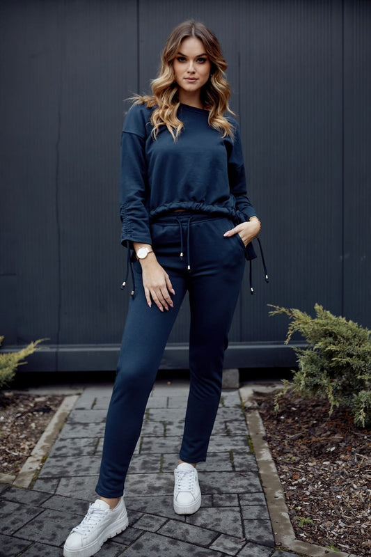 Smooth women's tracksuit with an asymmetric sweatshirt, navy blue