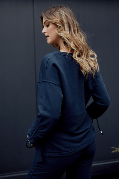 Smooth women's tracksuit with an asymmetric sweatshirt, navy blue